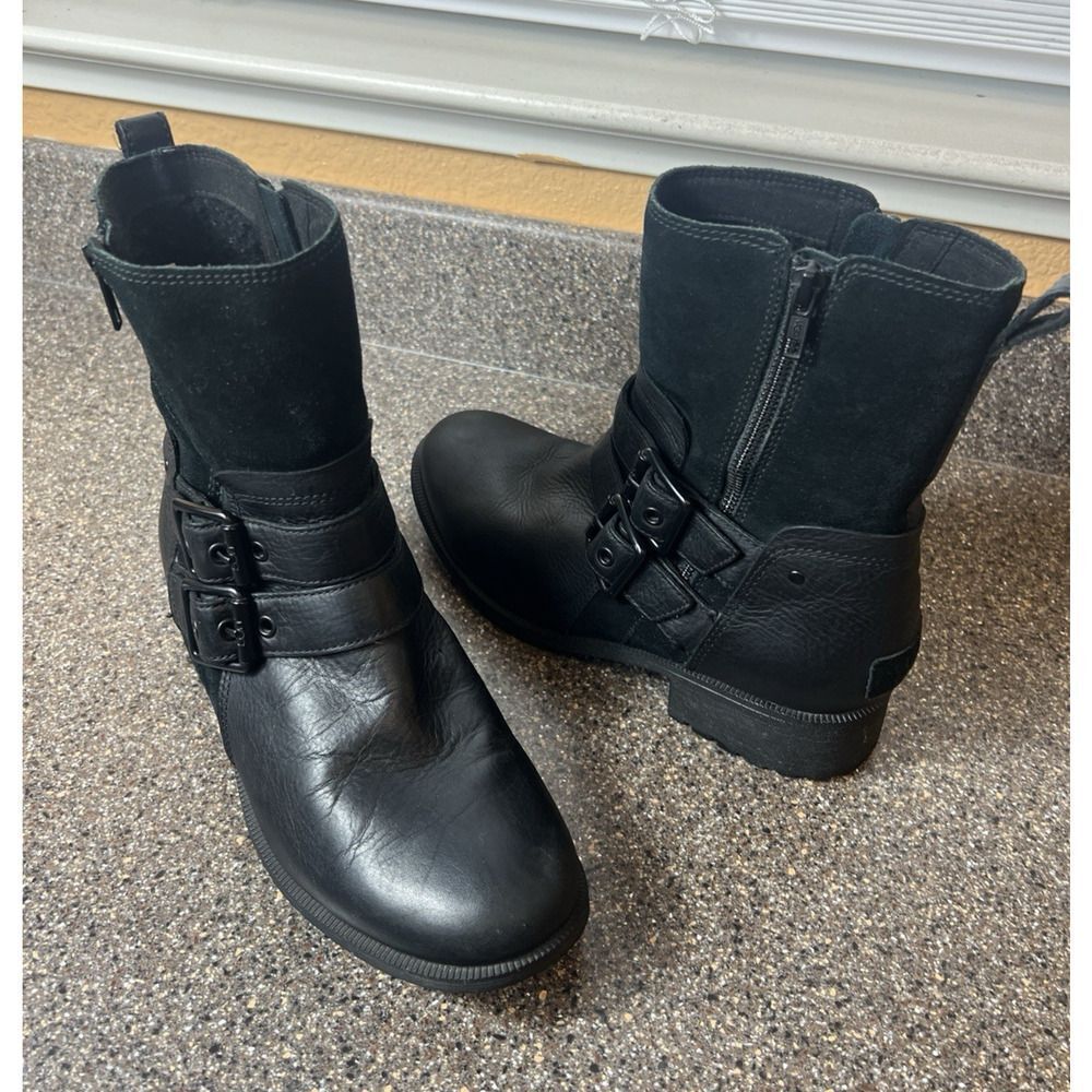 Ugg Womens Sz 9.5 Comfort Casual Booties Black Leather Combat Moto Riding Boots